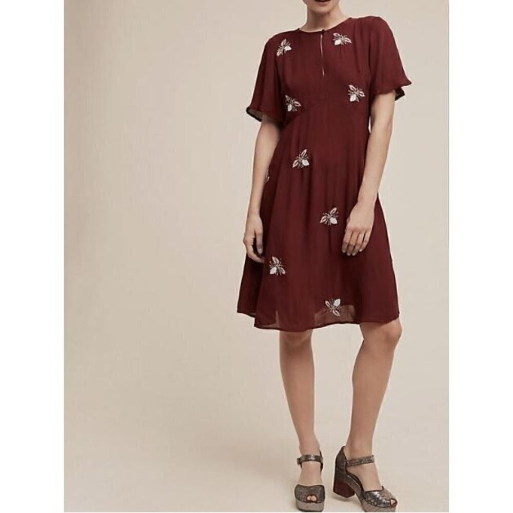 Anthropologie Moulinette Soeurs Dress Womens 4 Burgundy Beaded Firefly Retro